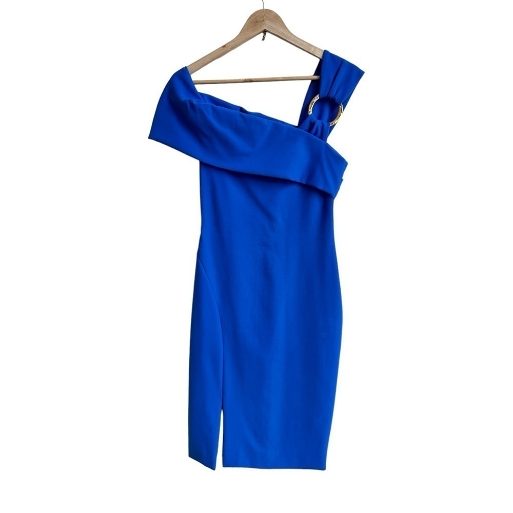 Haney Blue Asymmetric Off Shoulder Cocktail Sheath Womens Size 4 Evening